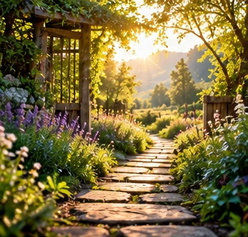 A stone path winding through a lavender garden toward the sunrise