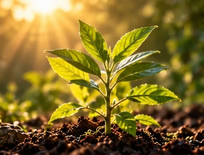 A young sapling with bright leaves in golden morning light