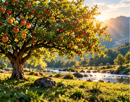 An apple tree heavy with ripe fruit beside a river valley at sunset