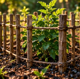 A young plant protected inside a small wooden fence
