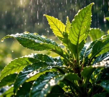 Raindrops falling on fresh green leaves in the sunlight