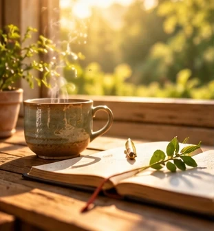 A steaming mug beside an open journal on a sunlit windowsill