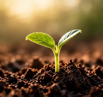 A seedling with two leaves rising from dark soil