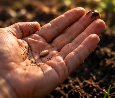 An open hand holding a single seed above freshly turned soil