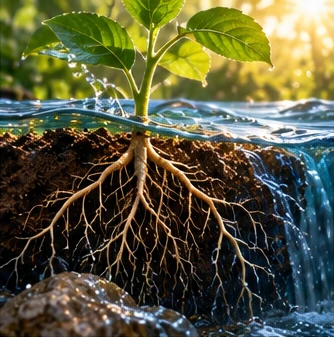 A young plant with its roots reaching down through the soil into clear water